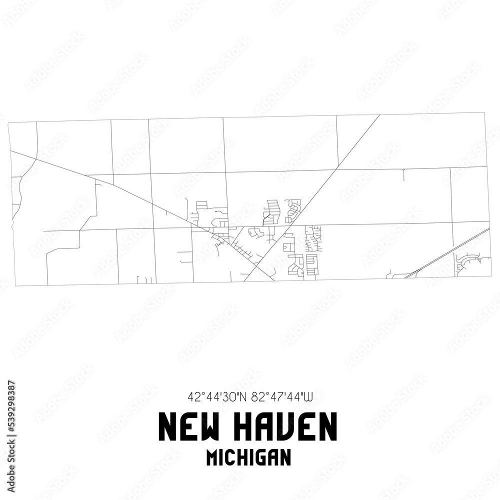 New Haven Michigan. US street map with black and white lines. New Haven Michigan. US street map with black and white lines.