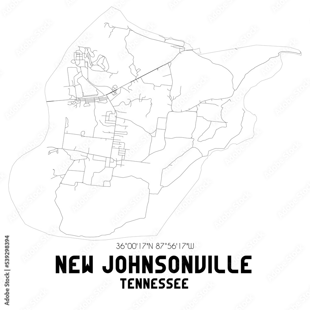 New Johnsonville Tennessee. US street map with black and white lines.