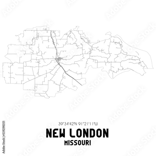 New London Missouri. US street map with black and white lines.