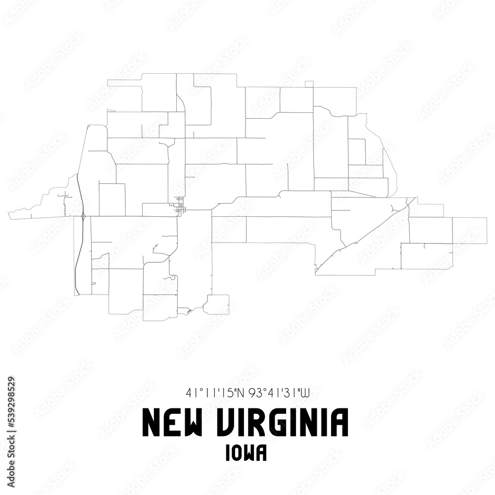 New Virginia Iowa. US street map with black and white lines.