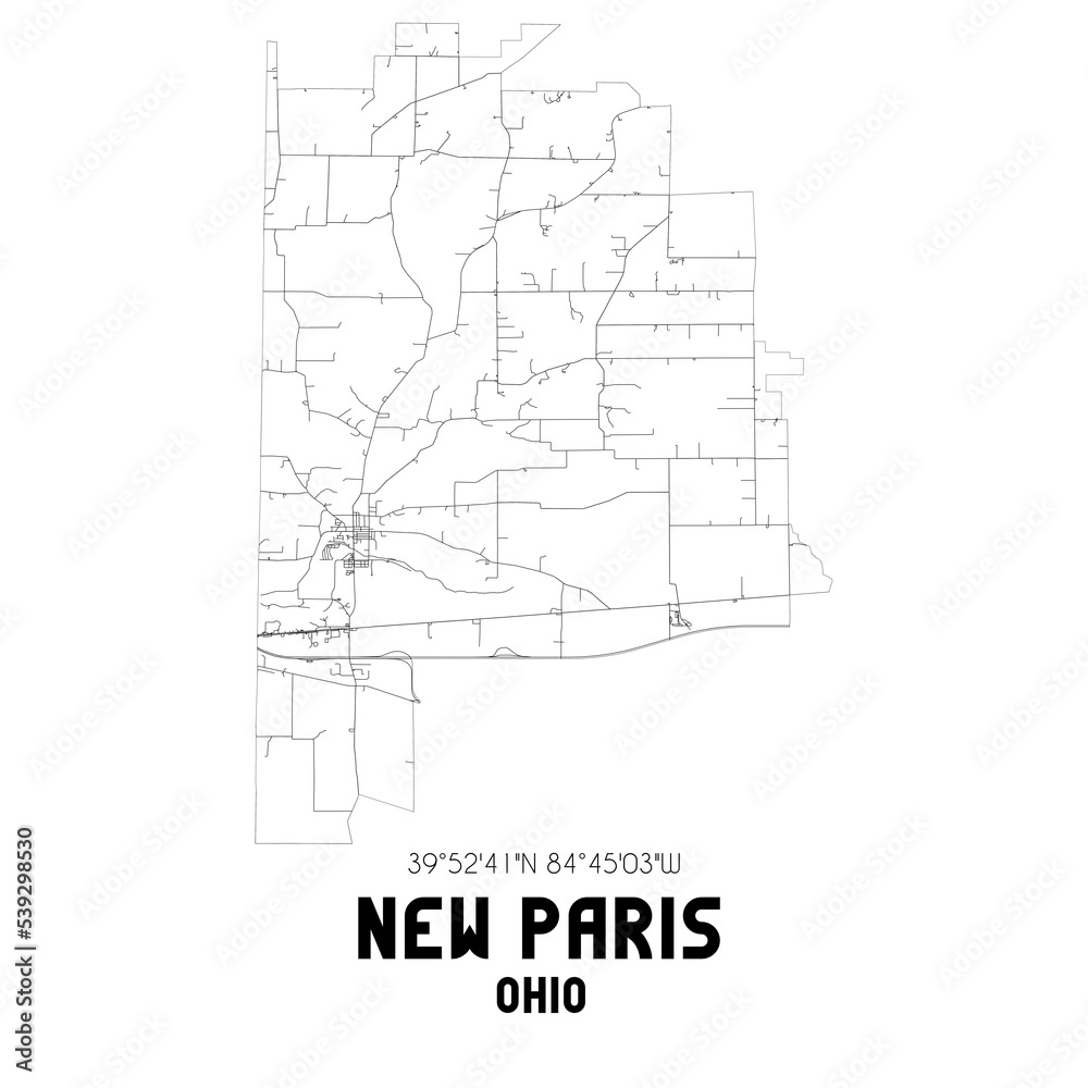 New Paris Ohio. US street map with black and white lines.