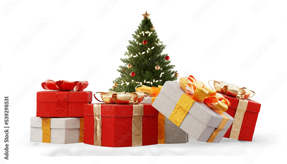 green Christmas fir and Christmas gifts on snow 3d-illustration green Christmas fir and Christmas gifts on snow 3d-illustration