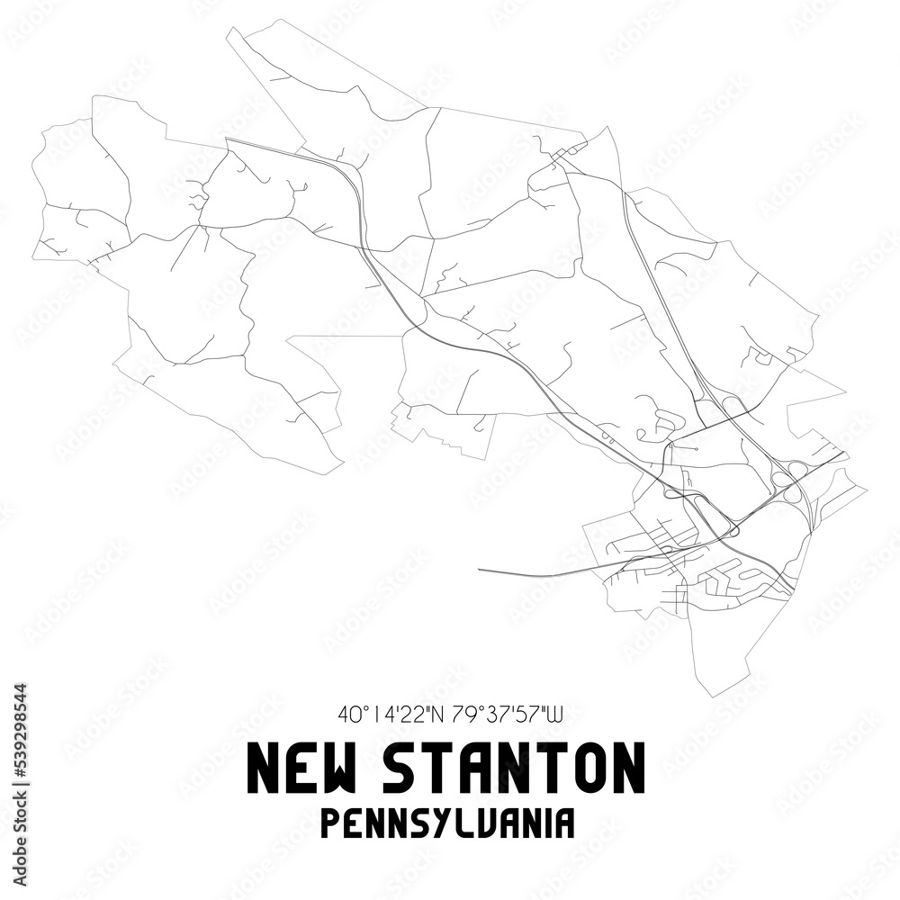 New Stanton Pennsylvania. US street map with black and white lines.