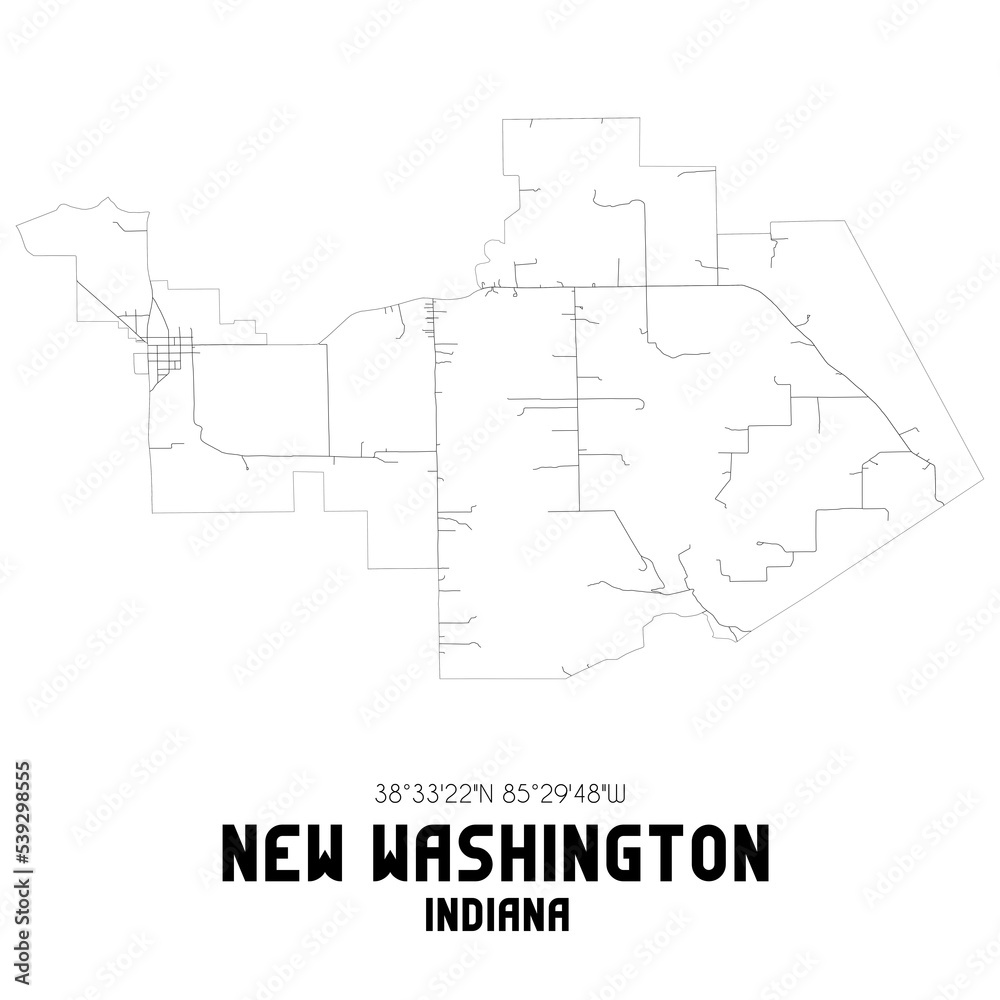 New Washington Indiana. US street map with black and white lines.