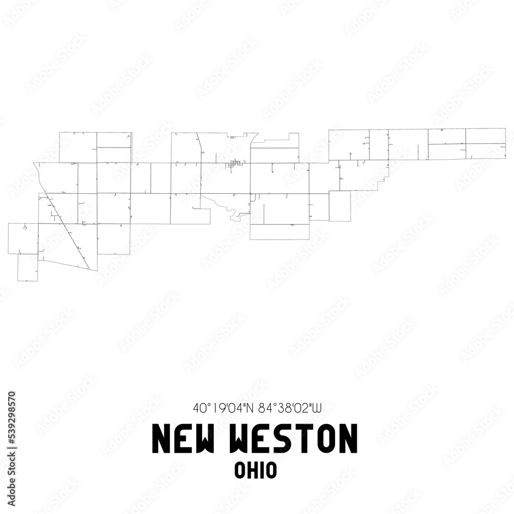 New Weston Ohio. US street map with black and white lines.