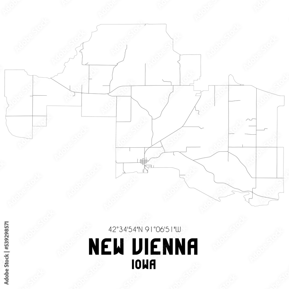 New Vienna Iowa. US street map with black and white lines.