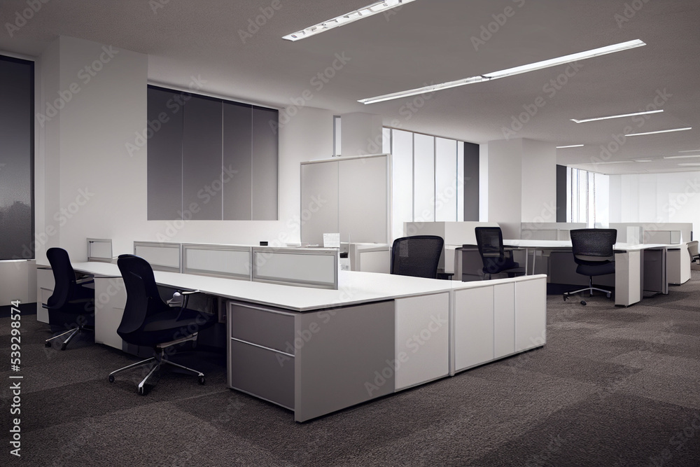 Office room with furniture for employees. Office room mockup with tables and chairs. Open space interior for office workers. For the placement of corporate attributes of the company. 3D office render Office room with furniture for employees. Office room mockup with tables and chairs. Open space interior for office workers. For the placement of corporate attributes of the company. 3D office render