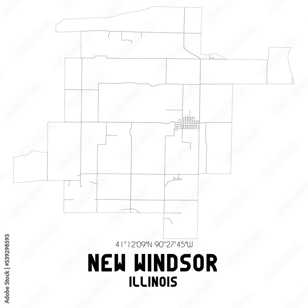 New Windsor Illinois. US street map with black and white lines.
