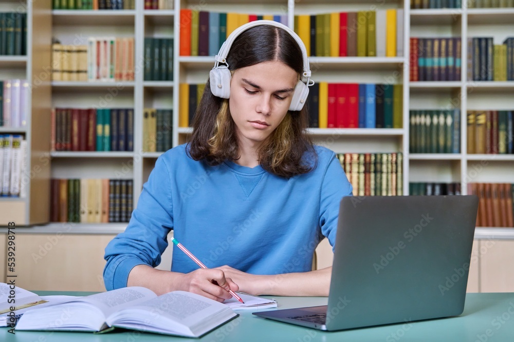 Teenage male student studying in library, using laptop Teenage male student studying in library, using laptop