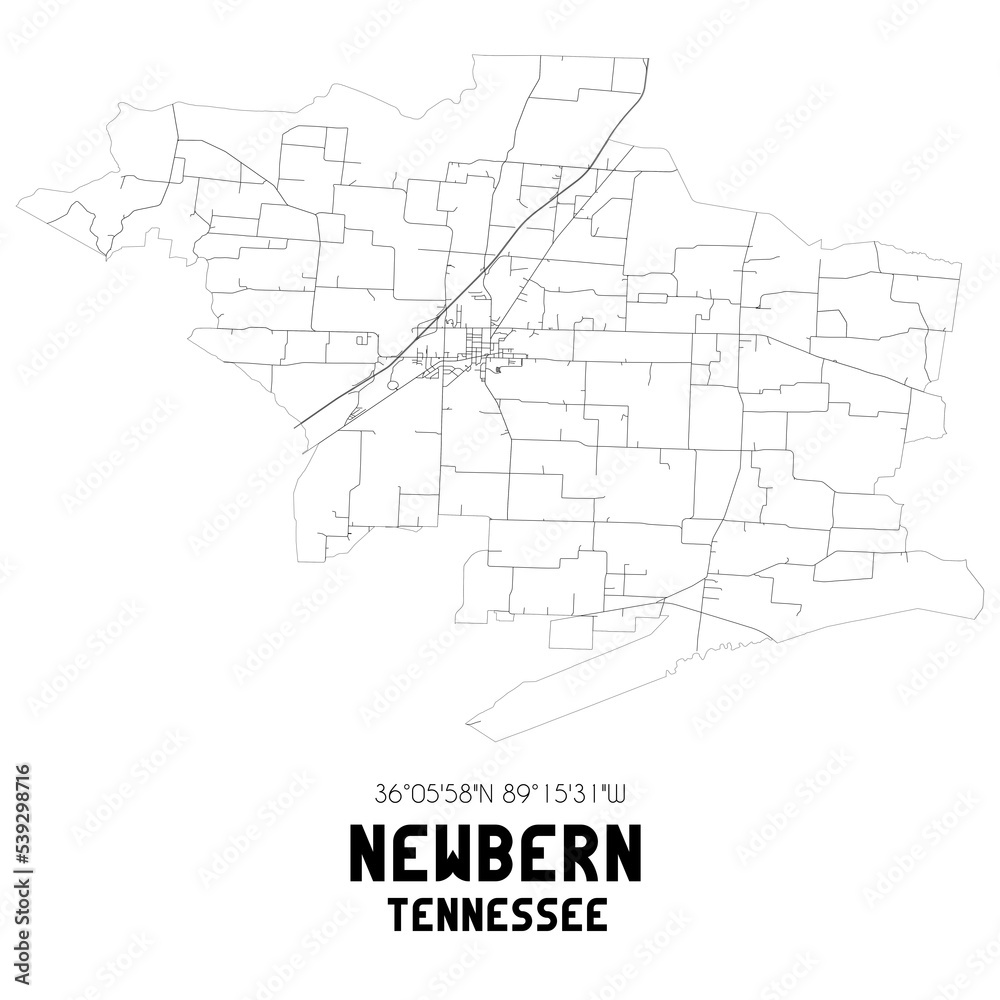 Newbern Tennessee. US street map with black and white lines.