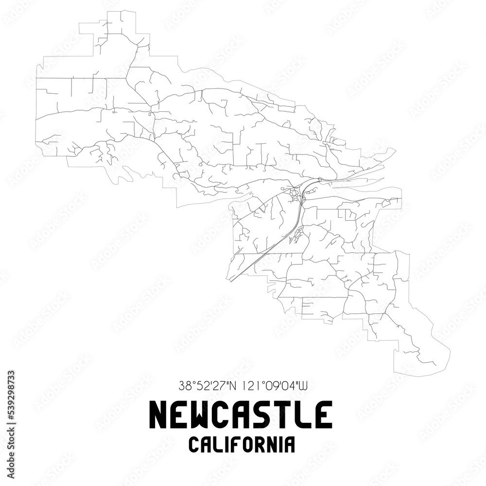 Newcastle California. US street map with black and white lines.