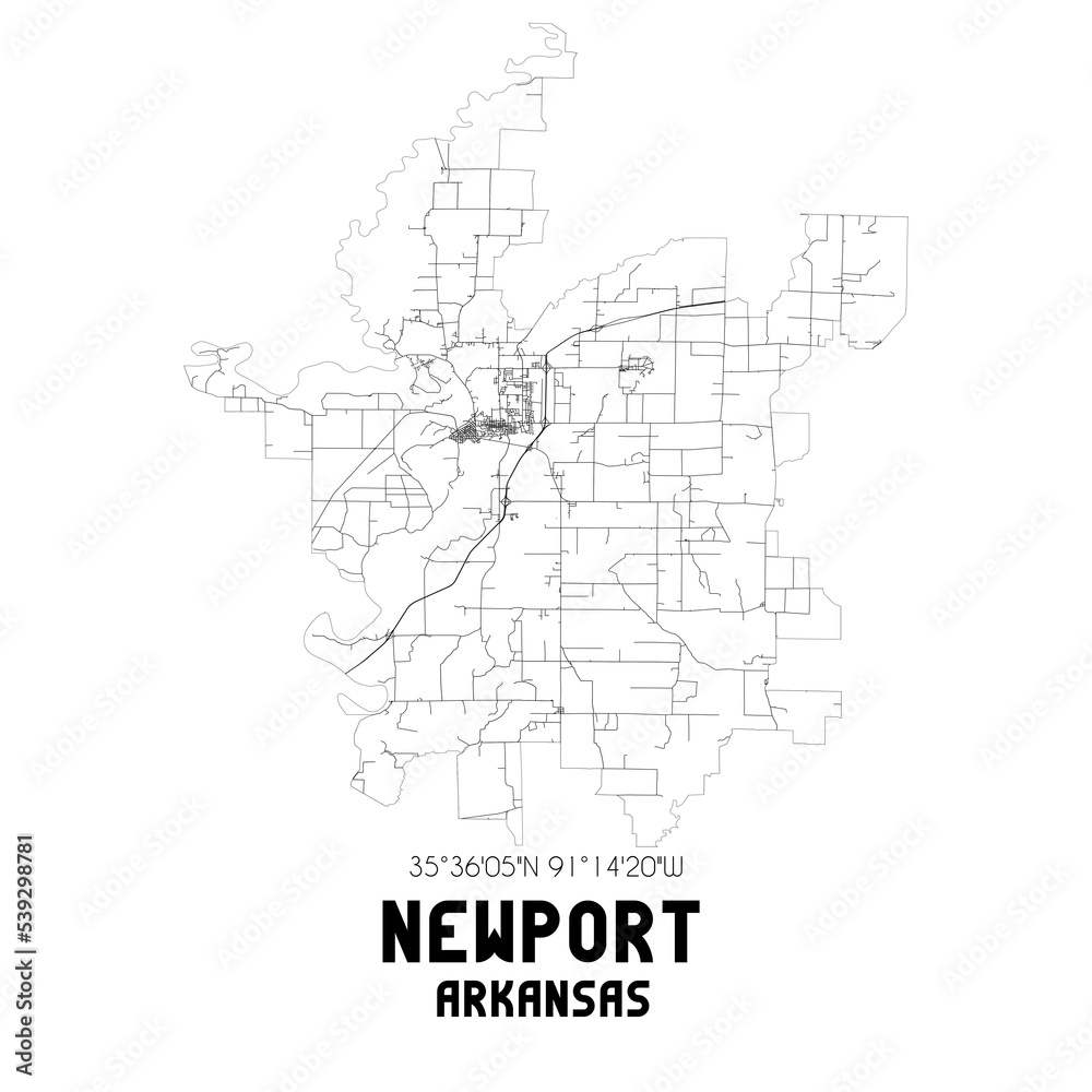 Newport Arkansas. US street map with black and white lines.