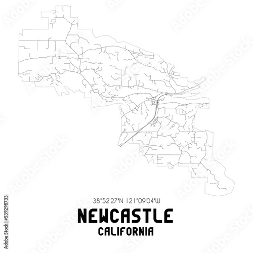 Newcastle California. US street map with black and white lines.