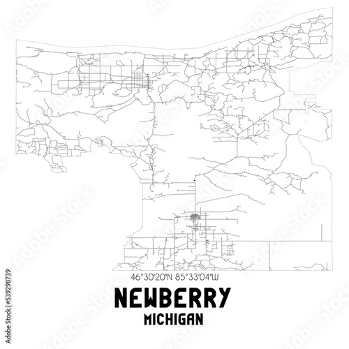 Newberry Michigan. US street map with black and white lines.