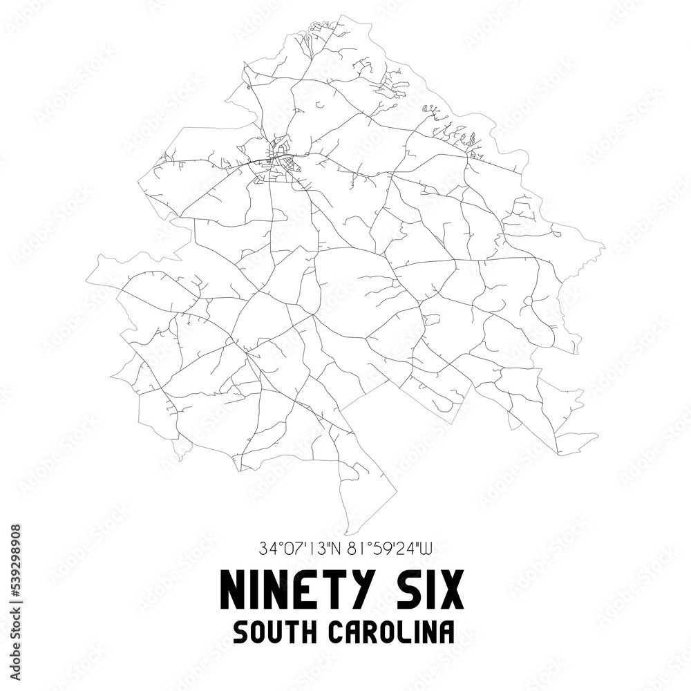Ninety Six South Carolina. US street map with black and white lines.
