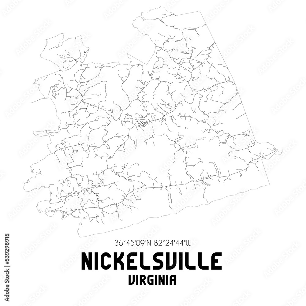 Nickelsville Virginia. US street map with black and white lines.