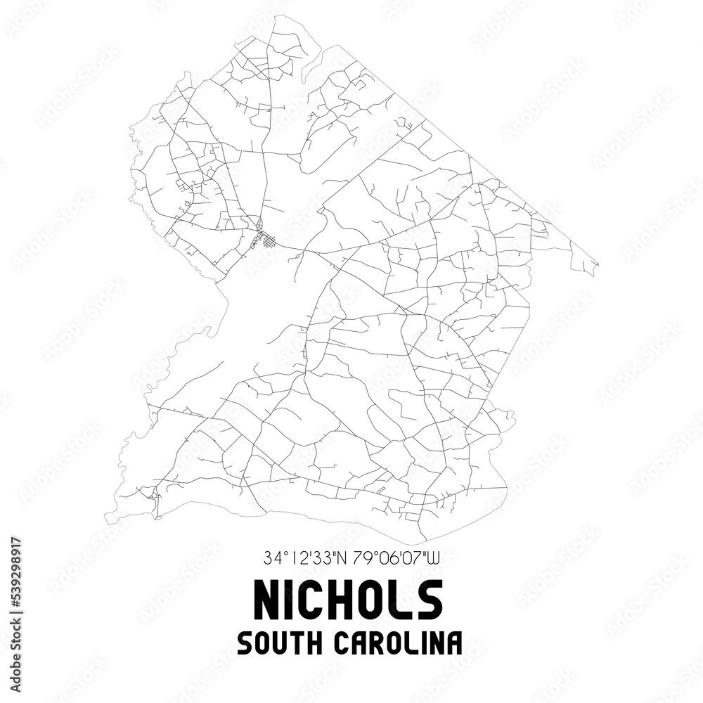 Nichols South Carolina. US street map with black and white lines. Stock