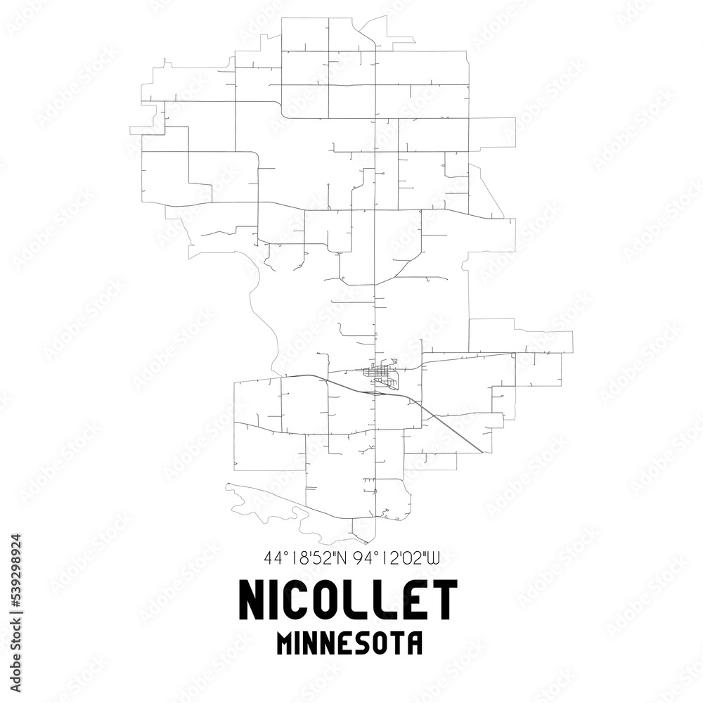 Nicollet Minnesota. US street map with black and white lines.