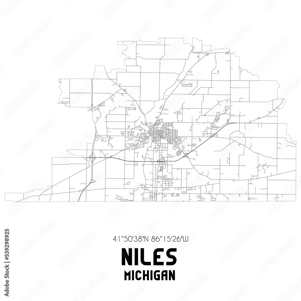 Niles Michigan. US street map with black and white lines.