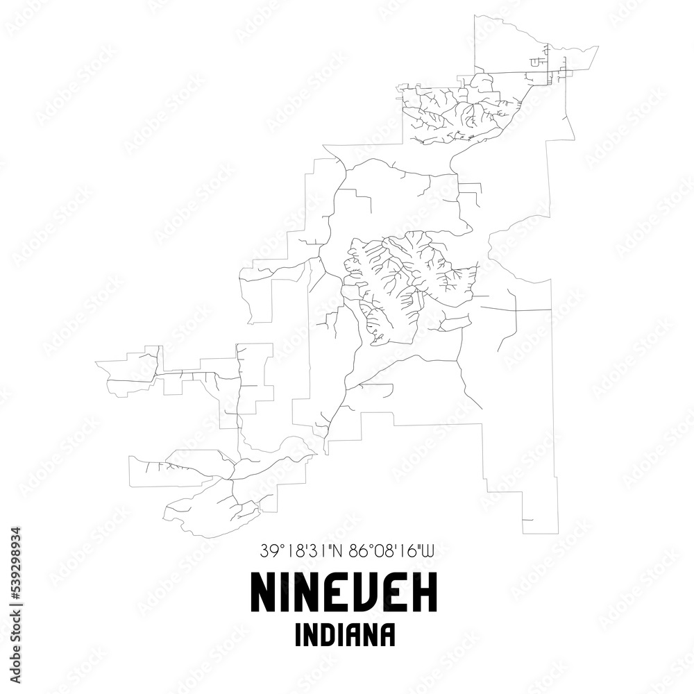 Nineveh Indiana. US street map with black and white lines.