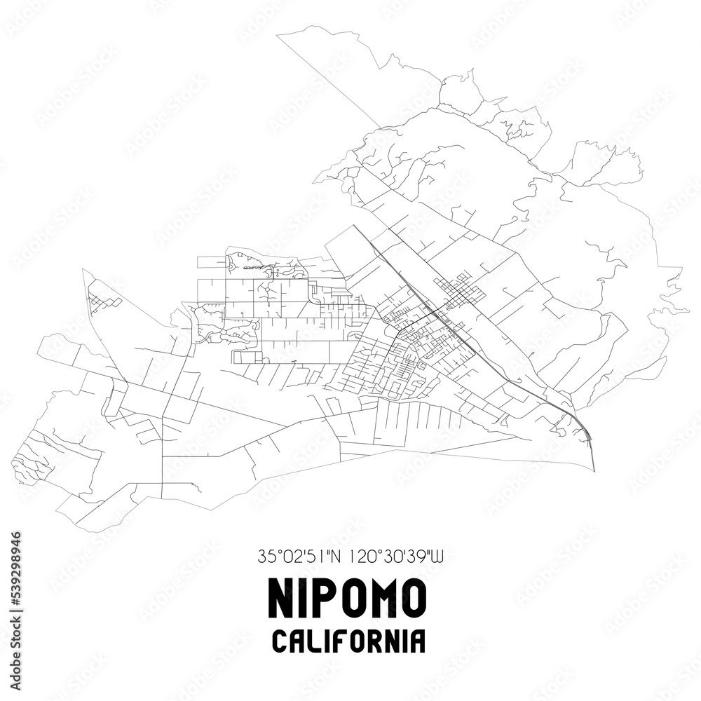 Nipomo California. US street map with black and white lines.