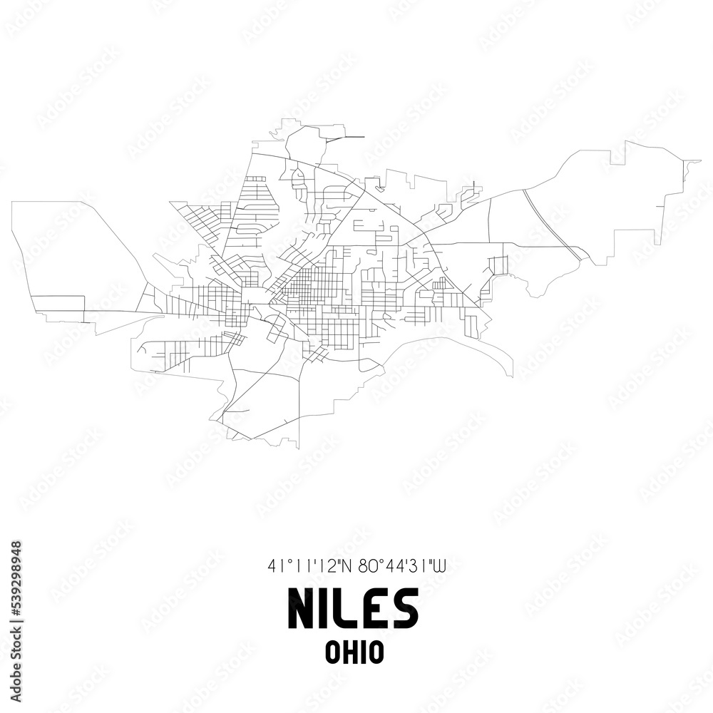 Niles Ohio. US street map with black and white lines.