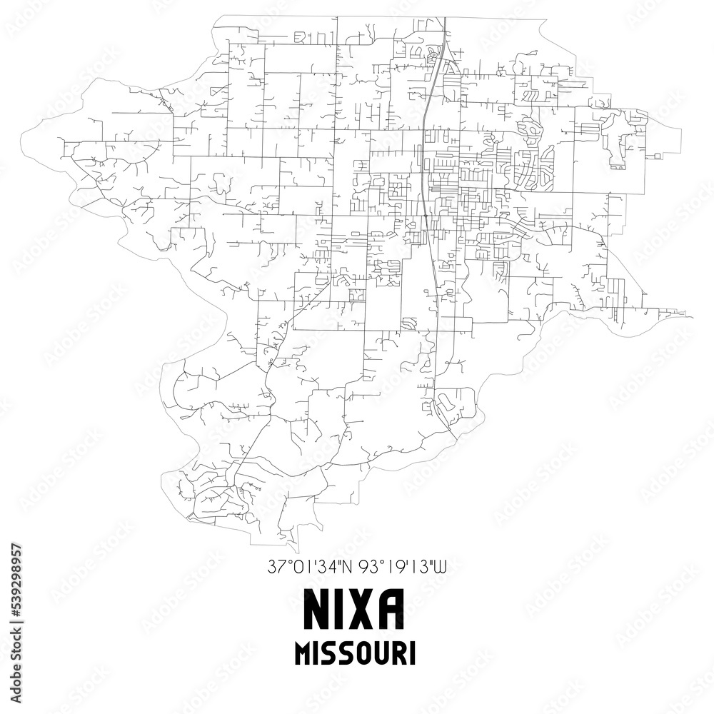 Nixa Missouri. US street map with black and white lines.