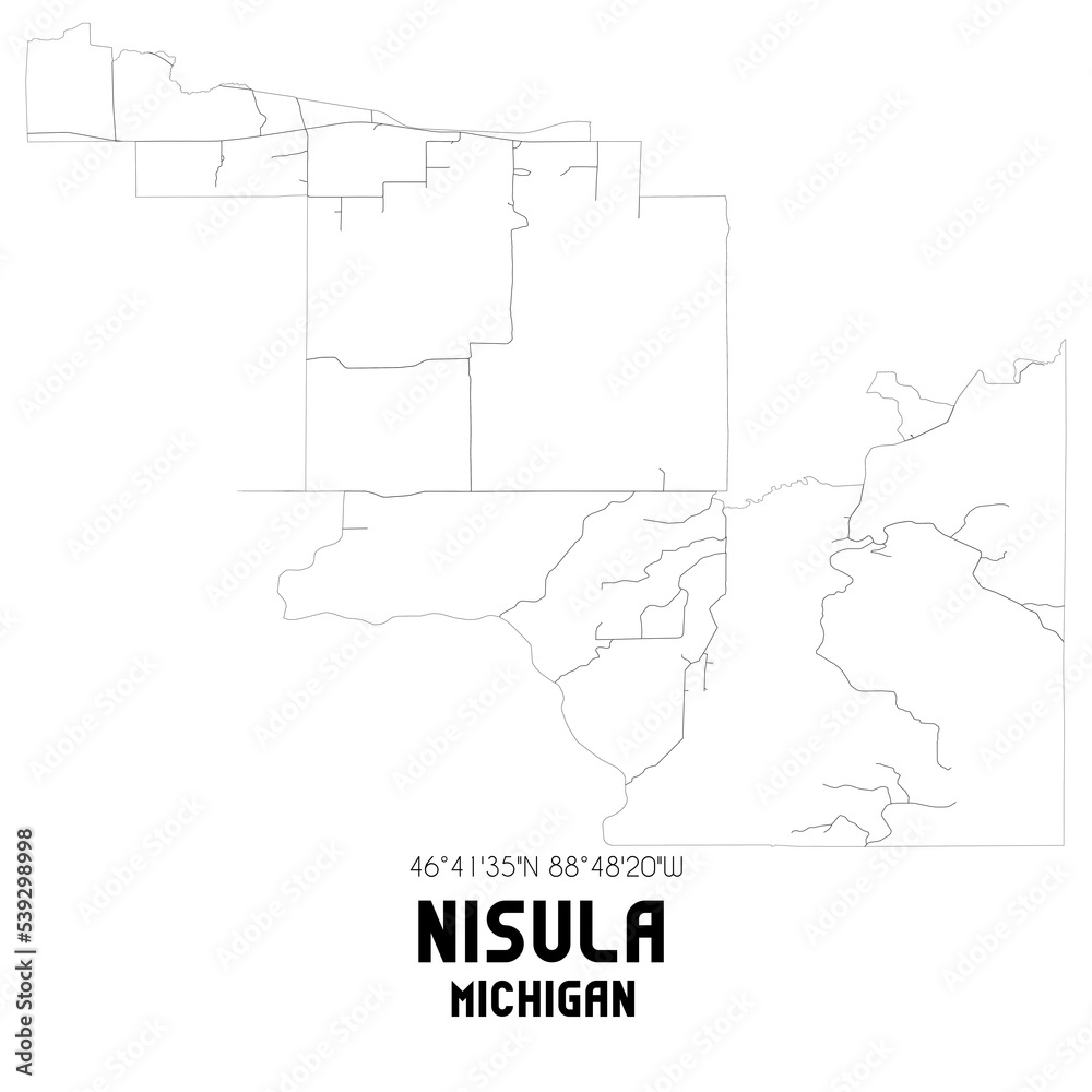 Nisula Michigan. US street map with black and white lines.