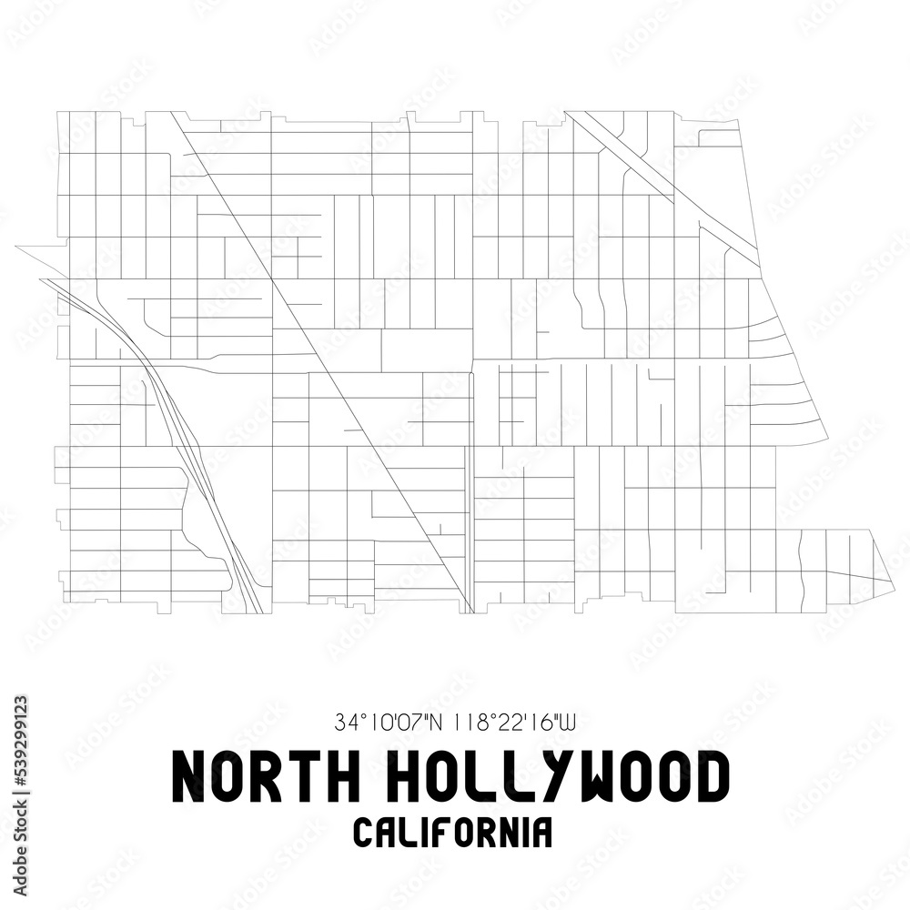 North Hollywood California. US street map with black and white lines ...