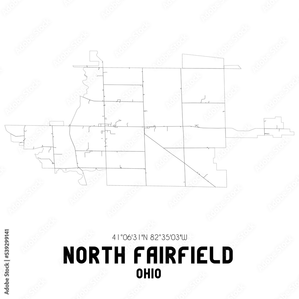 North Fairfield Ohio. US street map with black and white lines.