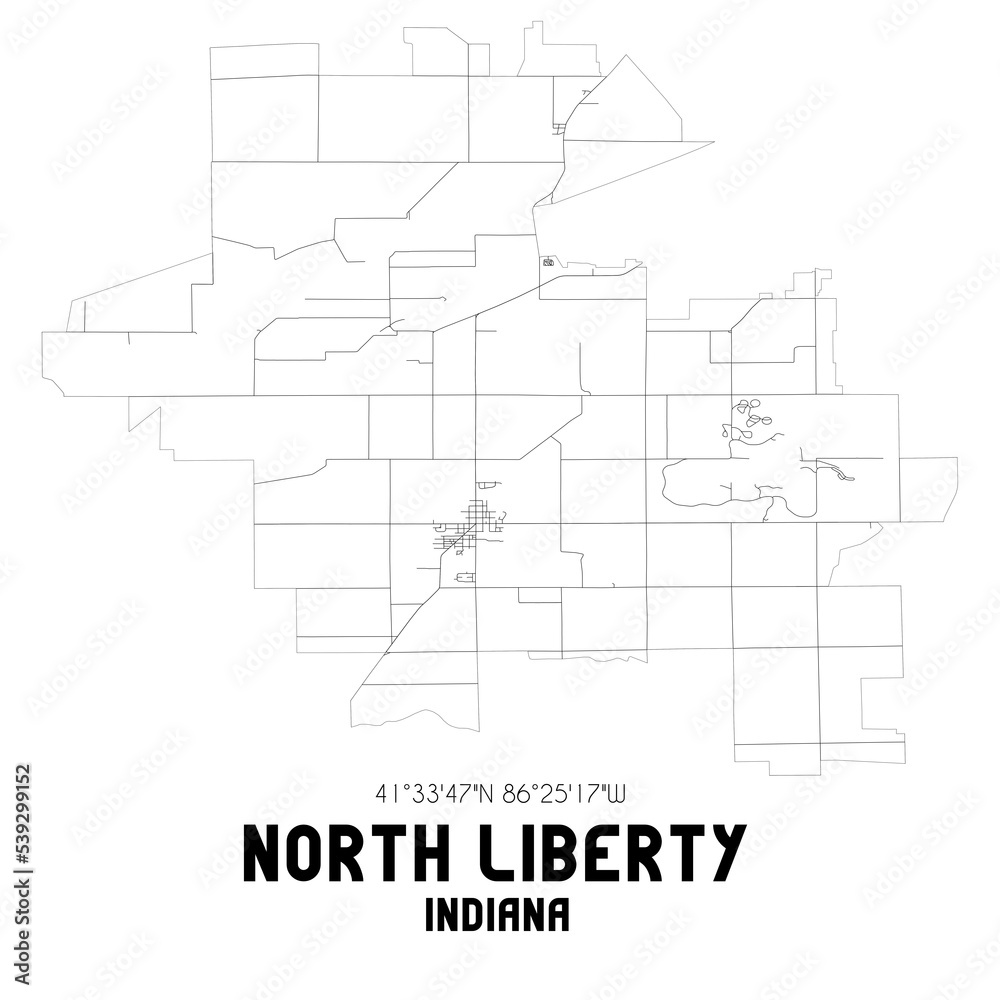 North Liberty Indiana. US street map with black and white lines.