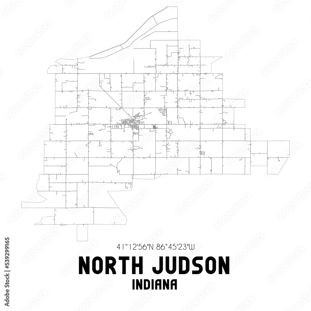 North Judson Indiana. US street map with black and white lines.