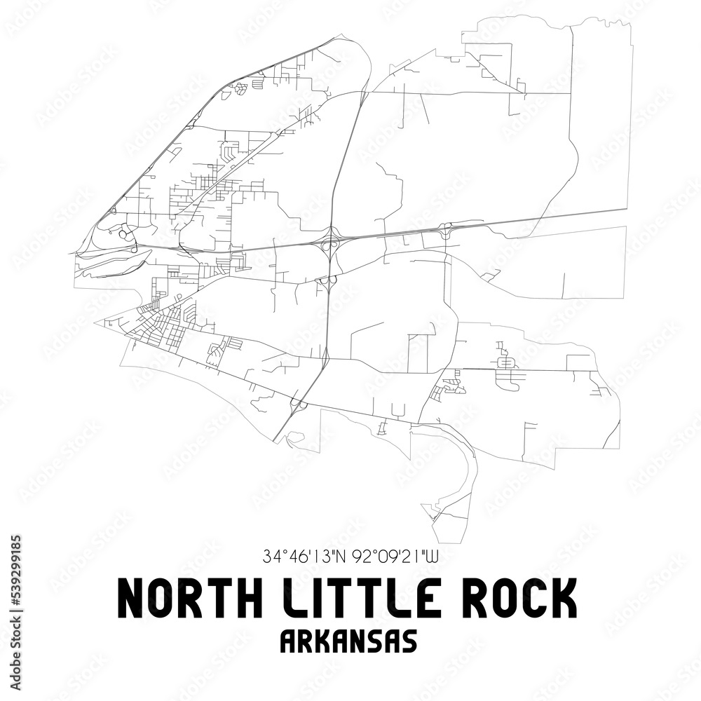 North Little Rock Arkansas. US street map with black and white lines.