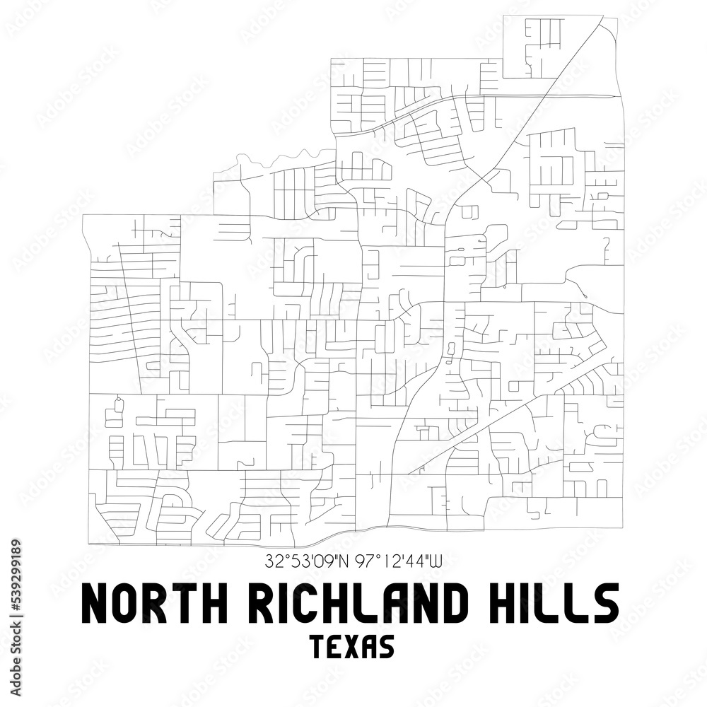 North Richland Hills Texas. US street map with black and white lines.