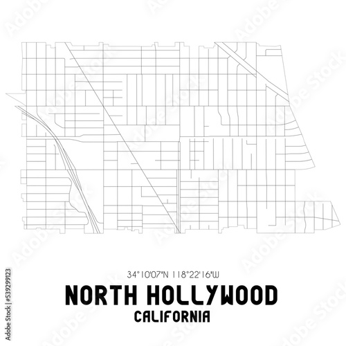 North Hollywood California. US street map with black and white lines.