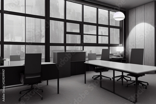 Office room with furniture for employees. Office room mockup with tables and chairs. Open space interior for office workers.  For the placement of corporate attributes of the company. 3D office render