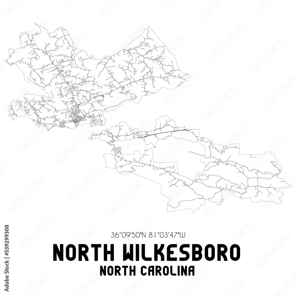 North Wilkesboro North Carolina. US street map with black and white lines.