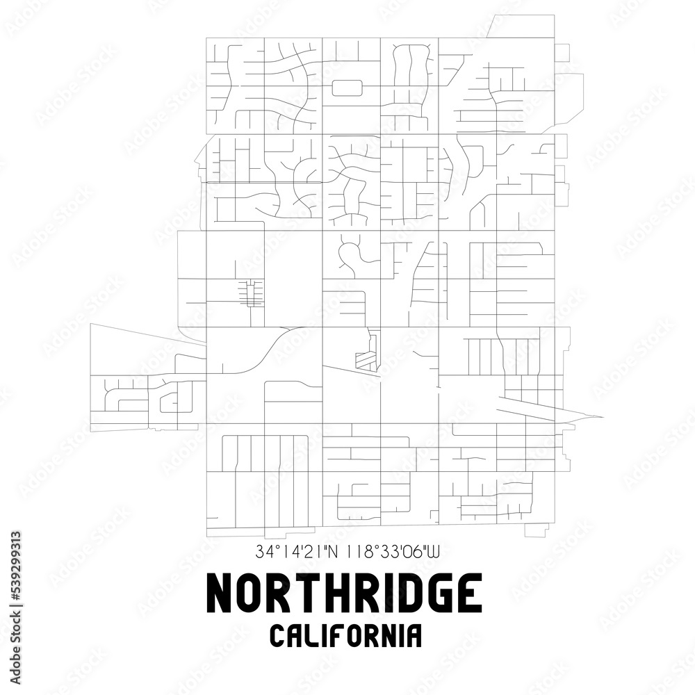 Northridge California. US street map with black and white lines.