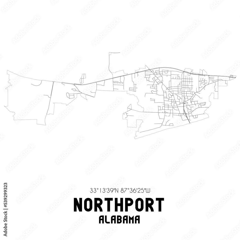 Northport Alabama. US street map with black and white lines.