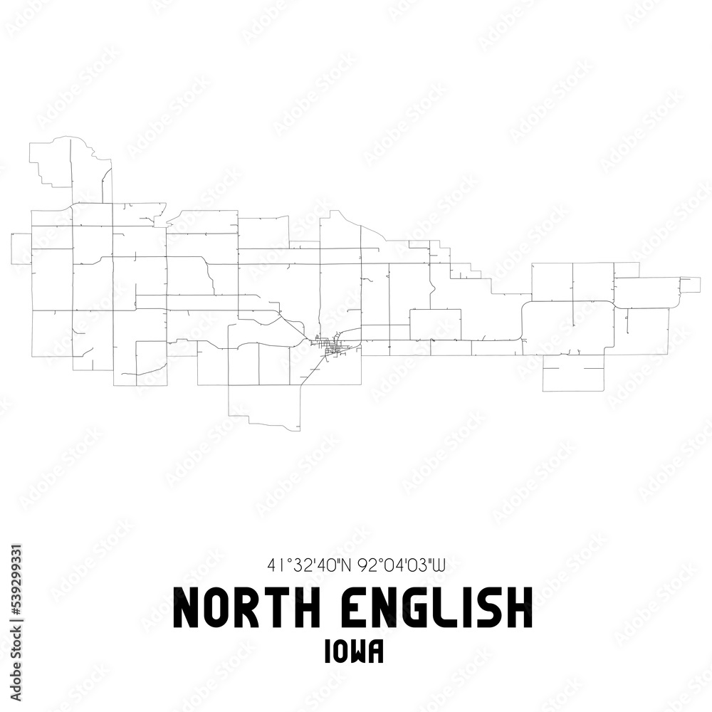 North English Iowa. US street map with black and white lines.