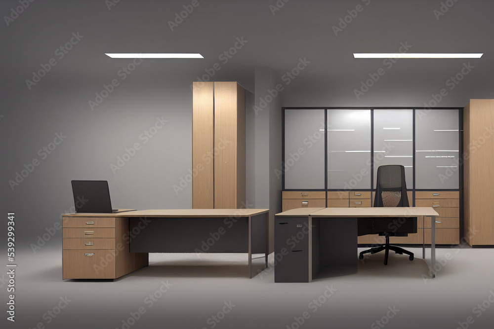 Office room with furniture for employees. Office room mockup with tables and chairs. Open space interior for office workers. For the placement of corporate attributes of the company. 3D office render Office room with furniture for employees. Office room mockup with tables and chairs. Open space interior for office workers. For the placement of corporate attributes of the company. 3D office render