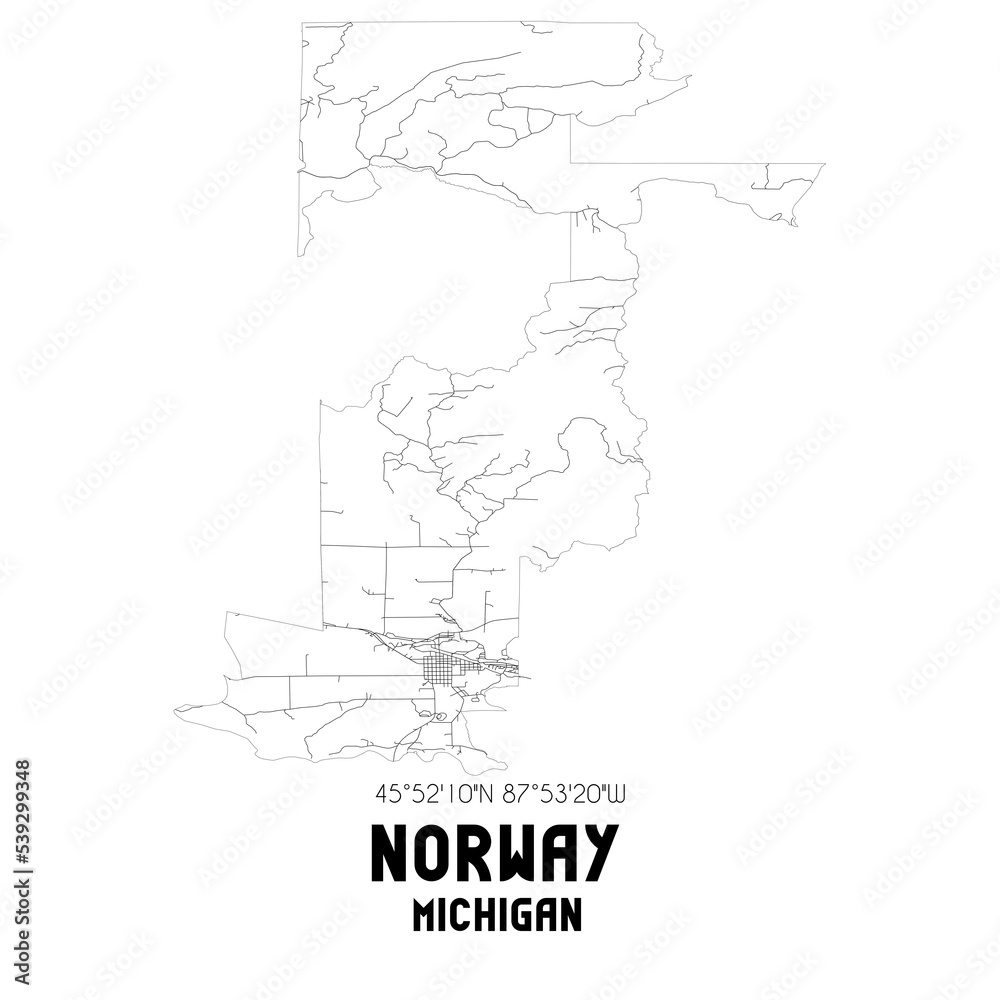 Norway Michigan. US street map with black and white lines.
