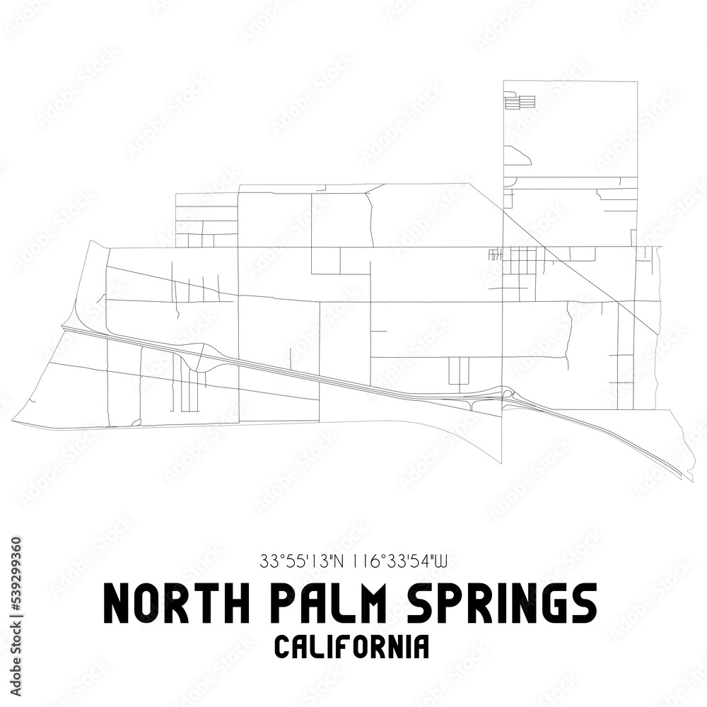 North Palm Springs California. US street map with black and white lines.