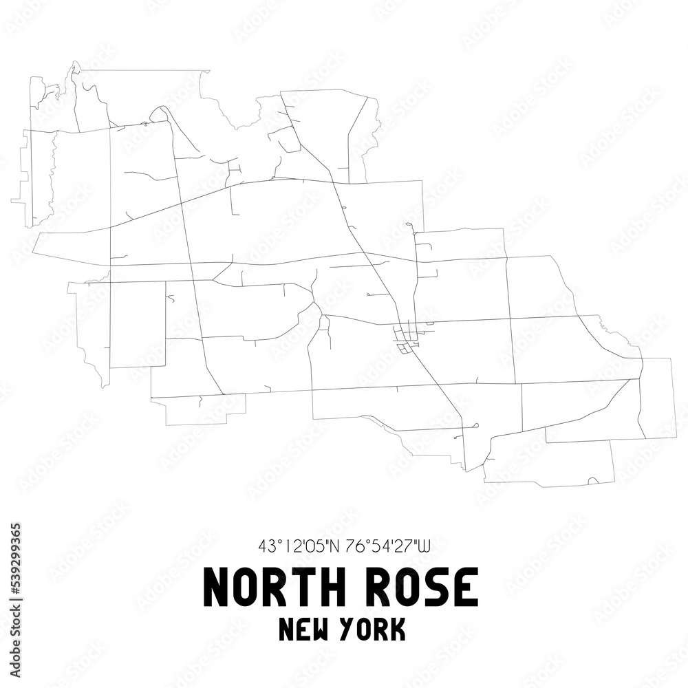 North Rose New York. US street map with black and white lines.