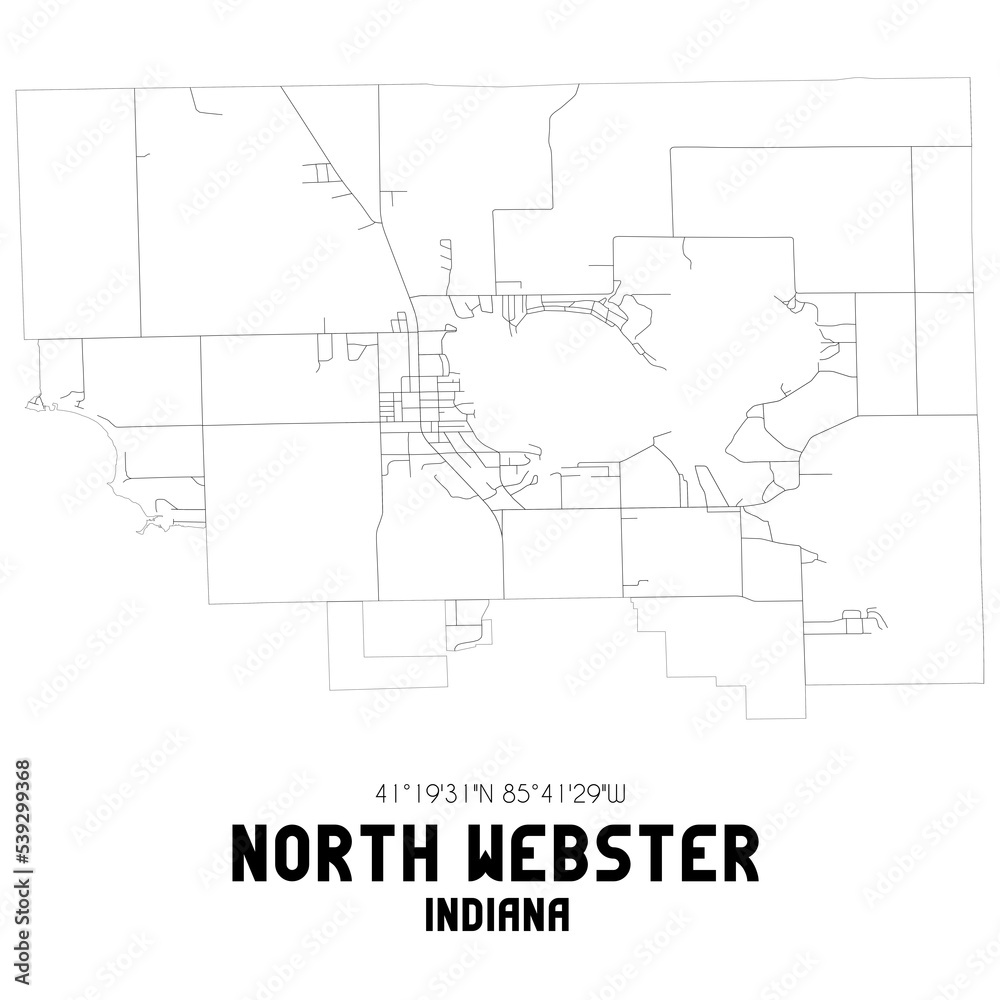 North Webster Indiana. US street map with black and white lines.