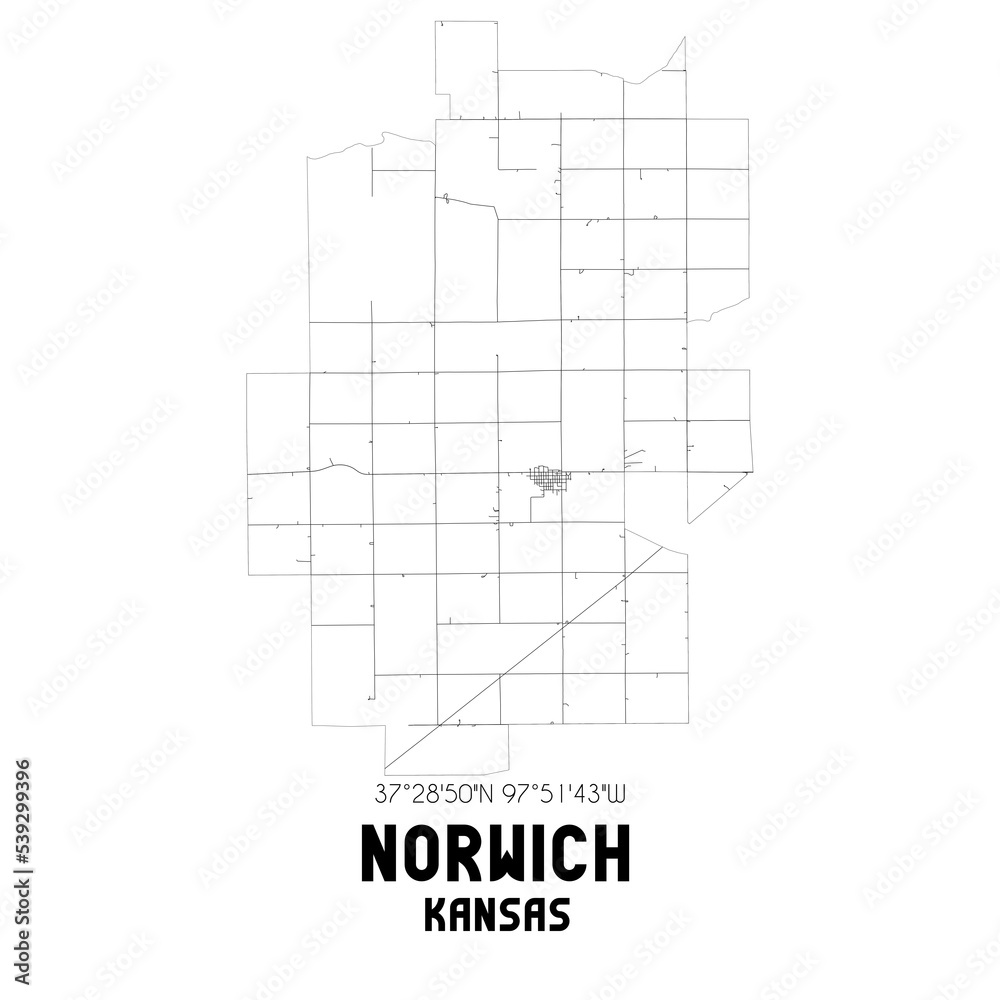 Norwich Kansas. US street map with black and white lines.