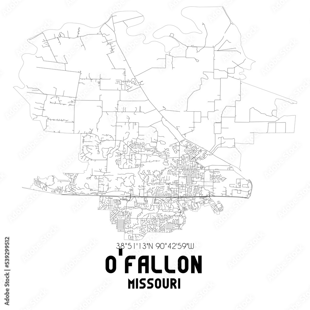 O'Fallon Missouri. US street map with black and white lines.