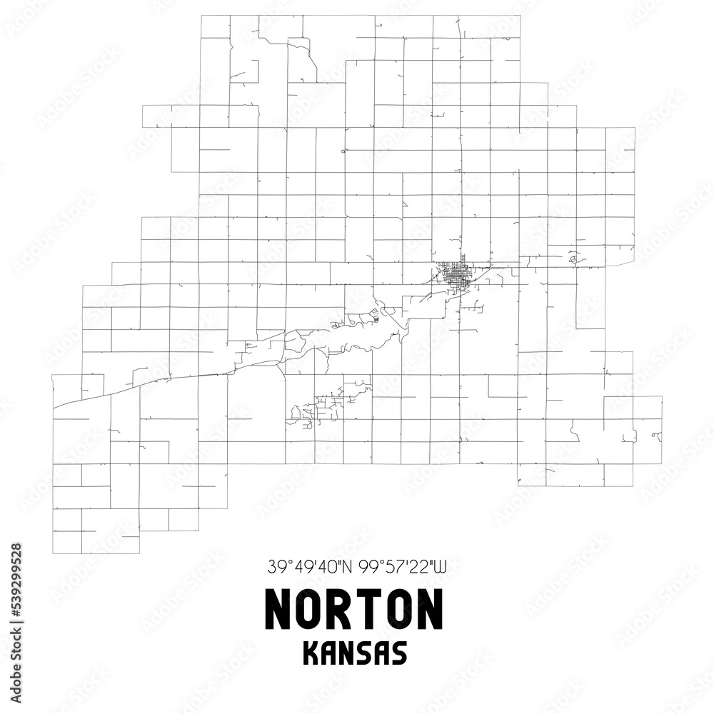 Norton Kansas. US street map with black and white lines.
