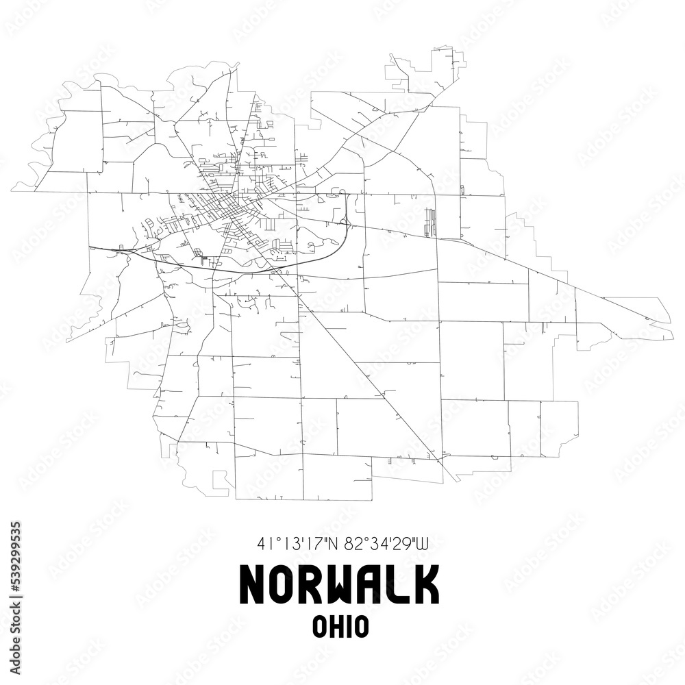 Norwalk Ohio. US street map with black and white lines.
