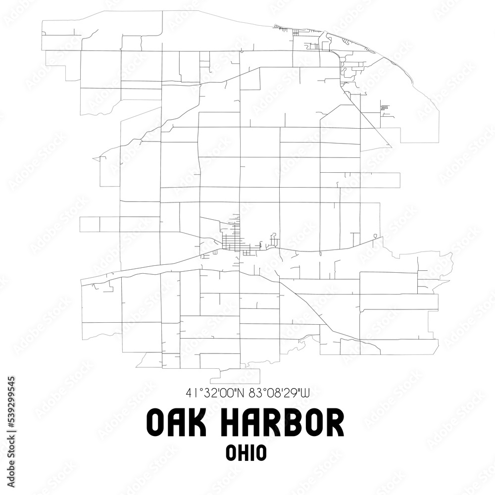 Oak Harbor Ohio. US street map with black and white lines.